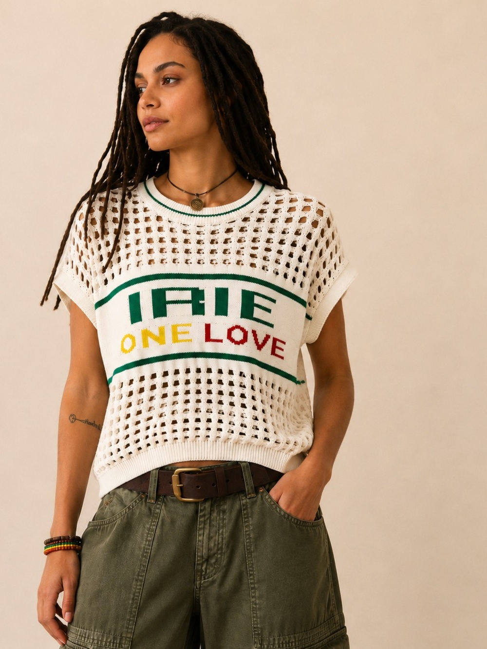 Cedella Marley IRIE One Love Open Knit Crochet Cotton Sweater Top S